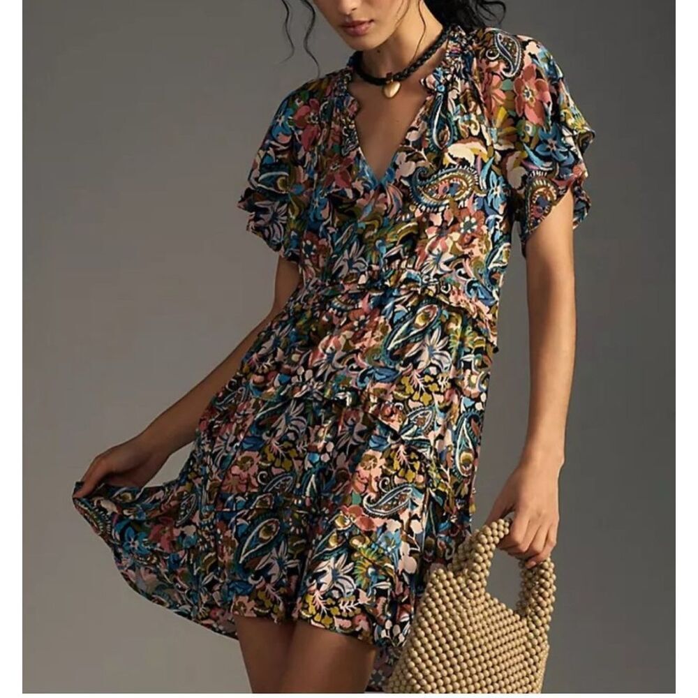Anthropologie HTF Robin Tiered Mini Dress Hi-Low Flirty Floral Colorful Size XS